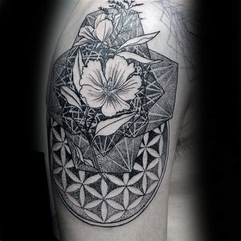 Original Combined Dotwork Style Upper Arm Tattoo Of Realistic Flower