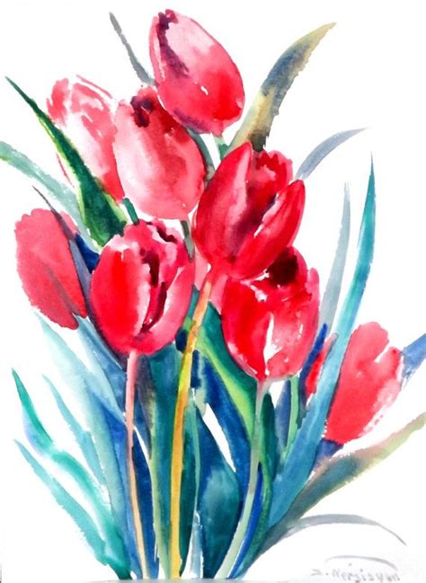 Tulips Original Watercolor Painting 12 X 9 In Red Flowers Painting