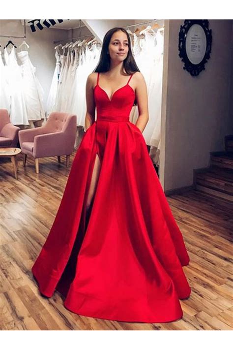 A Line Long Red Satin Prom Dresses Formal Evening Gowns 6011576