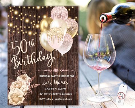 50th Pink Balloons Wood Birthday Invitation Printable Template Rustic