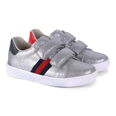 Gucci Silver Sparkle Velcro Sneakers With Ribbon Logo Bambinifashioncom
