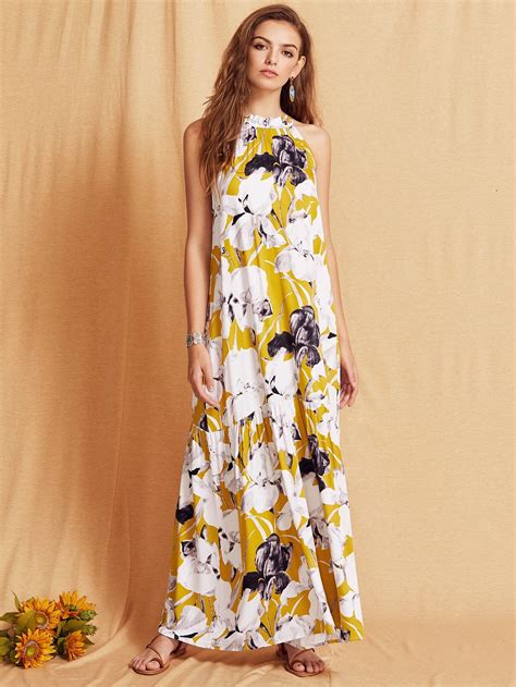 Flower Print Halter Neck Full Length Beach Dress Sheinsheinside