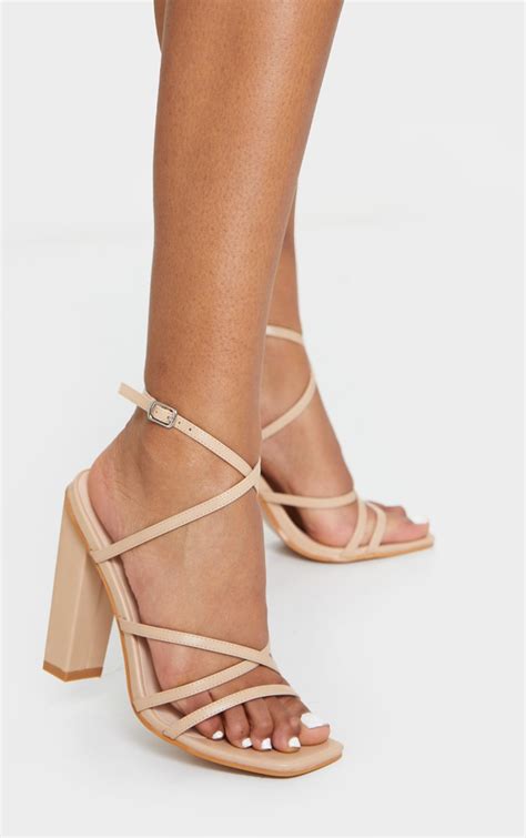 nude chunky heel strappy square toe heeled sandals prettylittlething aus