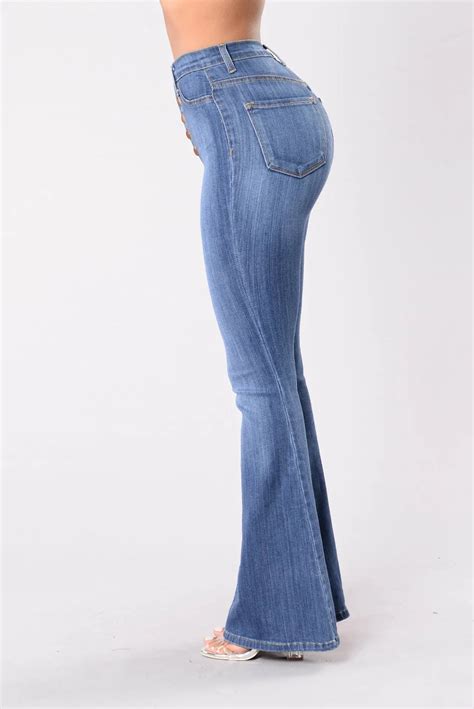Blue Flare Skinny Denim Jeans Women High Waist Buttons Plus Size