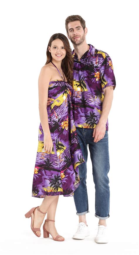 Couple Matching Hawaiian Luau Party Outfit Set Shirt Dress In Sunset
