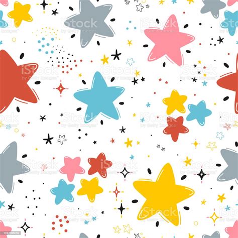 Doodle Cute Star Seamless Pattern Starry Sky Colorful Background