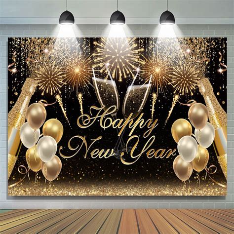 Black And Gold Spark Balloon Happy New Year Backdrop New Year