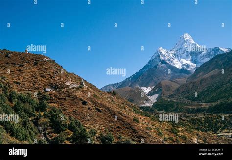 Ama Dablam 6814m Peak Covered With Snow And Ice Imja Khola Valley In