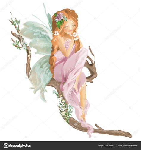 Beautiful Painted Fairy Sitting Old Wood Branch Floral Bouquet Flowers