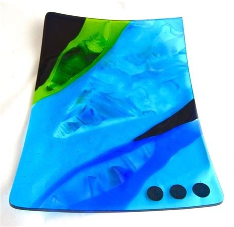 Custom Made Fused Glass Platter Ocean By Caron Art Glass