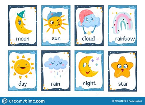 Flat Cute Weather Flash Cards For Preschool Kids Stock Vector