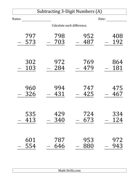 In addition, two word problems are also given in some of this section also covers a variety of topics like missing digits and circle the numbers. Large Print 3-Digit Minus 3-Digit Subtraction (A ...