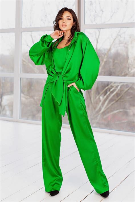 Spring Green Silk Pant Suit For Women Satin Three Piece Etsy Australia