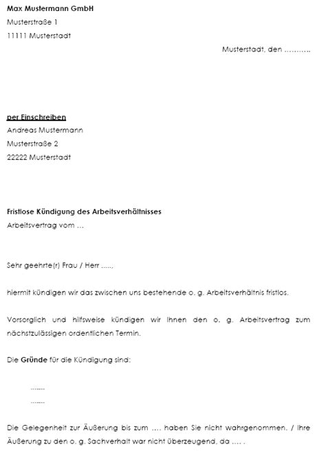 Eine davon ist die verhaltensbedingte. Musterschreiben zur fristlosen Verdachtskündigung zum ...