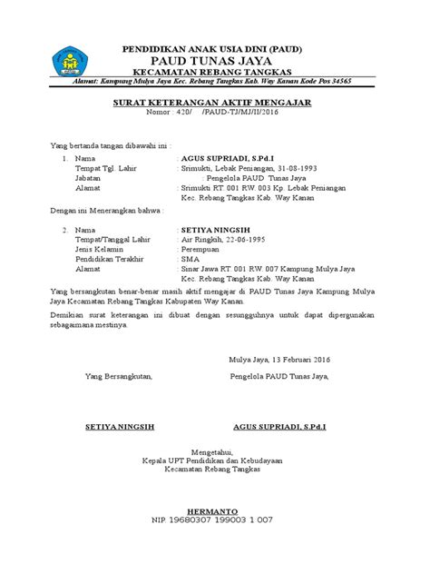 Contoh Surat Keterangan Aktif Mengajar Guru Sd Doc ...