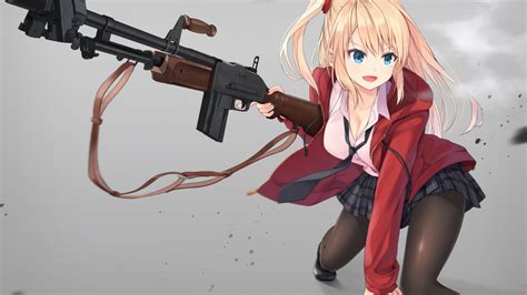 Download 1366x768 Anime Girl Gun Blonde Smiling
