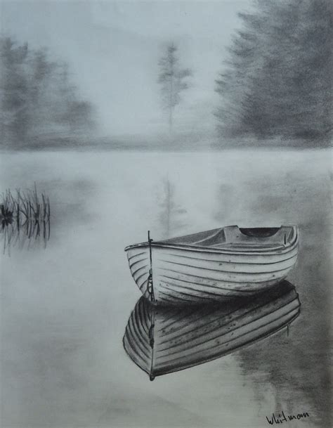 Misty Row Boat Sketch Water Reflections Original Art Graphite Pencil
