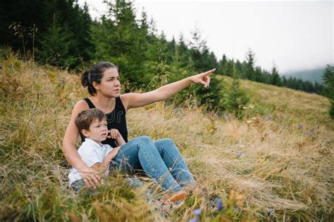 Young Mom With Baby Boy Travelling Mother On Hiking Adventure With