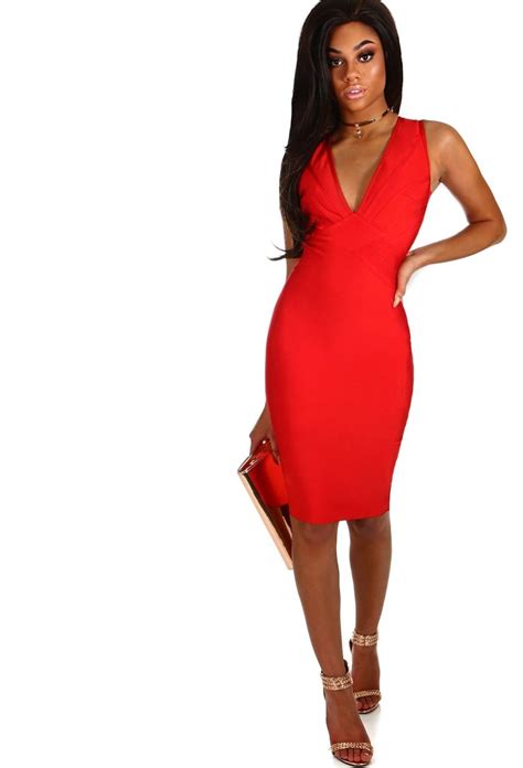 Sassy And Sweet Red Cross Strap Bandage Midi Dress Dresses Red