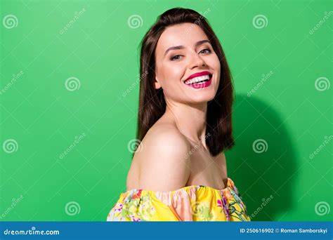 Profile Photo Of Stunning Elegant Young Lady Toothy Beaming Smile On Green Color Background