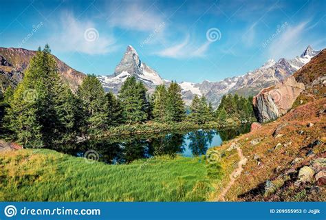 Breathtaking Summer View Of Grindjisee Lake With Matterhorn Monte