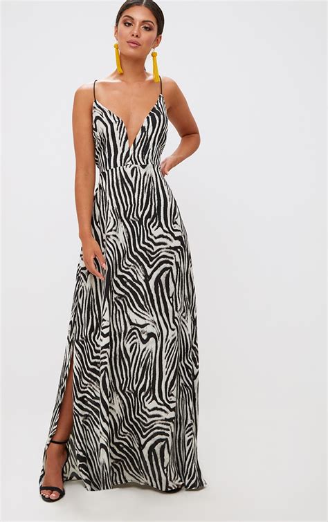 Black Zebra Print Extreme Split Maxi Dress Dresses Prettylittlething