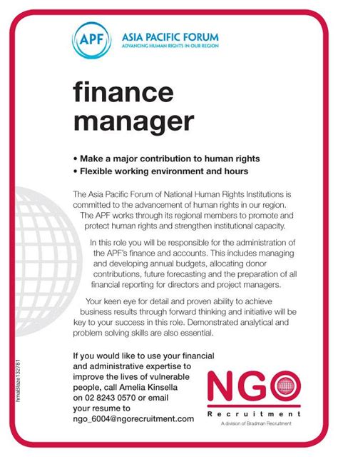 His/her main responsibilities to undertake all tasks mention below to perform his/ her duty incapacity of general manager finance and administration. NGO Recruitment | Finance Manager and Administration