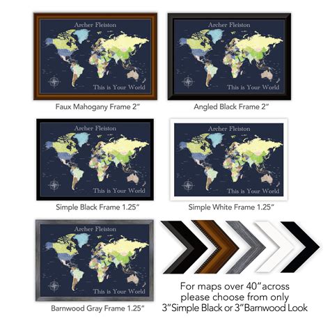 Navy World Wall Map Choose Framed Or Unframed Push Pin Map Poster Or