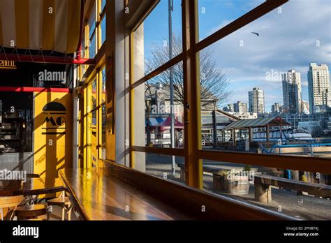 City skyline views from inside Granville Island market of the