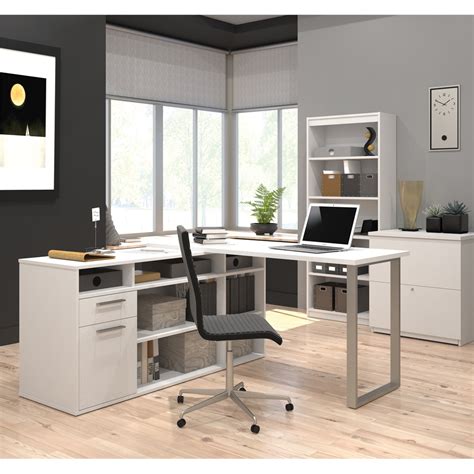 Solay L Shaped Desk With Lateral File And Bookcase In White