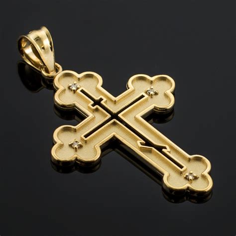 Gold Russian Eastern Orthodox Diamond Cross Pendant