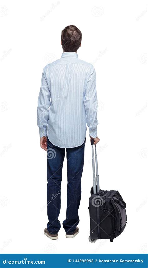 Back View Of Business Man With Suitcase Standing Young Guy Stock Photo