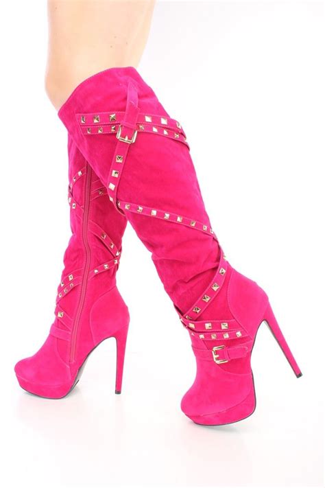 This style has the shaft of the boot extend past the knee and up toward the thigh. Hot Pink Studded Strappy High Heel Boots Faux Suede | Knee ...
