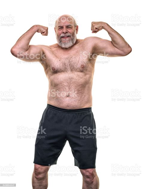 Authentic Muscular Build Senior Adult Man Flexing Arm