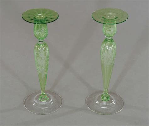 Steuben Pair Of Handblown Pomona Green Crystal Candlesticks For Sale At 1stdibs