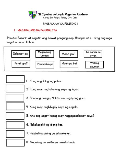 Pagsasanay Sa Filipino 1 Worksheet