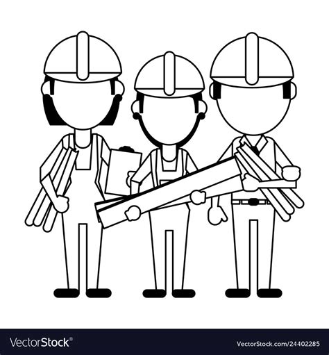 Construction Workers Avatars In Black And White Vector Image