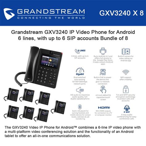 Grandstream Multimedia Ip Phone Gxv3240 8pack Video Hd Audio Poe 6line