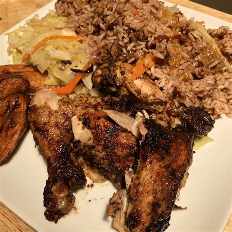 [i Ate] Jamaican Jerk Chicken W Rice And Peas Steamed Cabbage And Fried Plantains Also