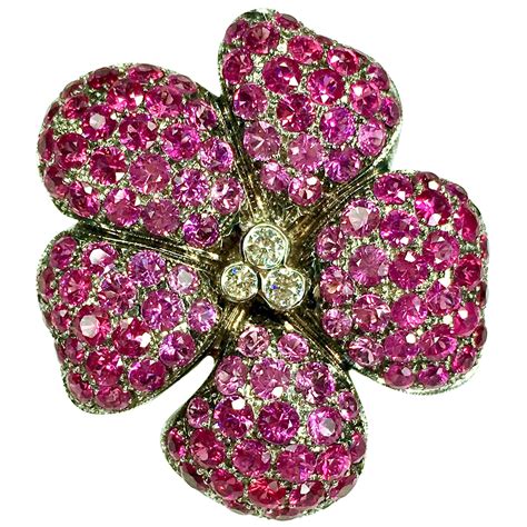 Gemolithos Ruby Pink Sapphire Tsavorite And Diamond Brooch For Sale