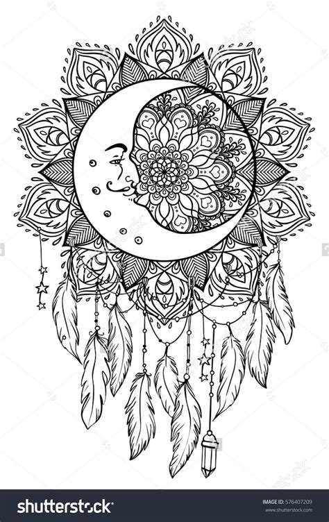 Native American Indian talisman dreamcatcher with feathers, moon