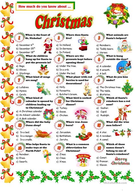 Keep your kids entertained over the holidays with one of our christmas dot to dot pages. Christmas Quiz worksheet - Free ESL printable worksheets ...