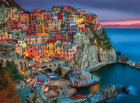 Cinque Terre Italy Houses Village Cliff Sunset Clouds Sky Coast