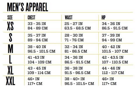 Male Clothing Size Chart