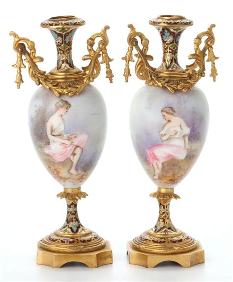 Pair Of SÈvres Style Porcelain Cabinet Vases Set In ChamplevÉ Enameled