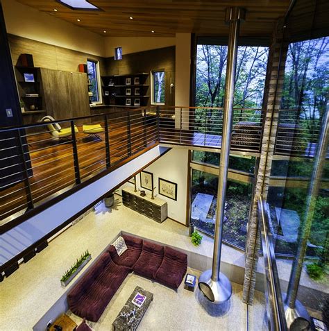 3d rendering of little fireplace hanging from ceiling in fancy living room. Longest hanging fireplace outstretches from a double ...