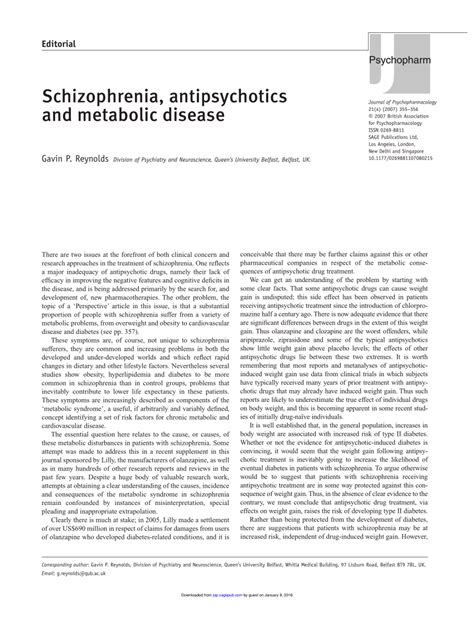 pdf schizophrenia antipsychotics and metabolic disease