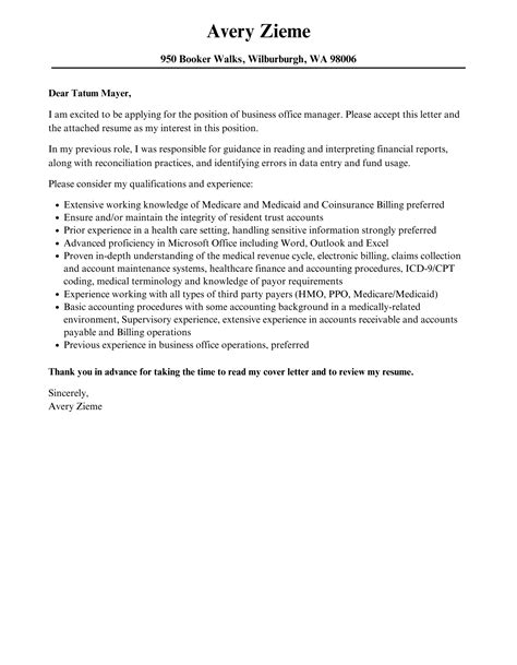 Business Office Manager Cover Letter Velvet Jobs