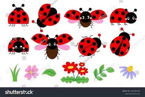 Cute Cartoon Ladybug Collection With Flowers And Royalty Free Stock