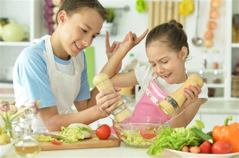 portrait of brother and sister cooking together in kitchen stock image image of salad